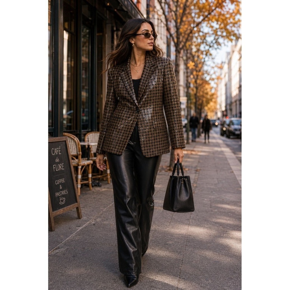 Vintage Harvé Benard Houndstooth Blazer Women's Size 12 Brown Black Shiny Y2K Ja